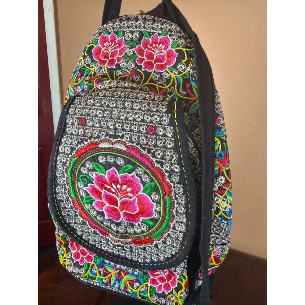 Boho‎ Floral Embroidered Mini Backpack Sling Bag Black Pink Lotus Folk Art